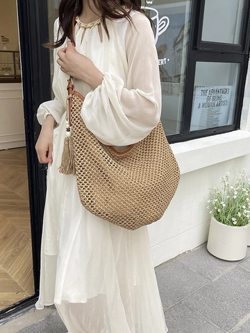 Handmade Large Straw Woven Tote Bag For Women Bohemian Style Shoulder Bag With Tassel Leather Strap Summer Beach Vacation