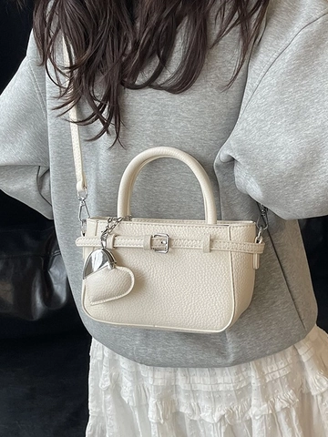 Women Litchi Pattern PU Leather Shoulder Bag Retro Bucket Crossbody Bag With Heart Pendant Small Phone Bag For Party Daily