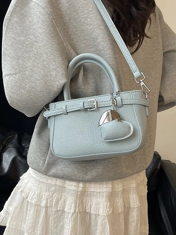 Women Litchi Pattern PU Leather Shoulder Bag Retro Bucket Crossbody Bag With Heart Pendant Small Phone Bag For Party Daily