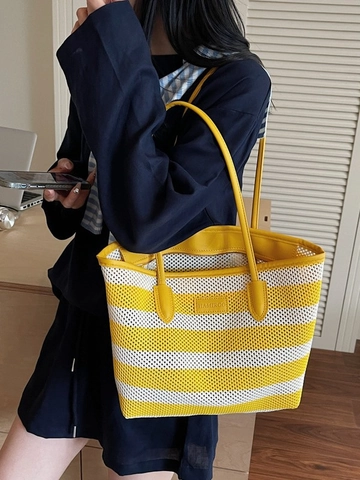 Women Striped Contrast Color Knitted Shoulder Bag Large Capacity Summer Casual Tote Bucket Bag Fashion Knitted Beach Handbag