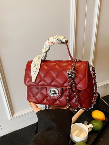 Moda Donna Trapuntata Piccola Borsa Quadrata in Pelle PU Tracolla a Catena Con Decorazione Manico in Sciarpa di Seta