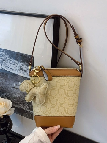 Vintage Monogram Print Bucket Bag For Women Fashionable PU Leather Small Crossbody Bag With Charm Adjustable Strap Purse