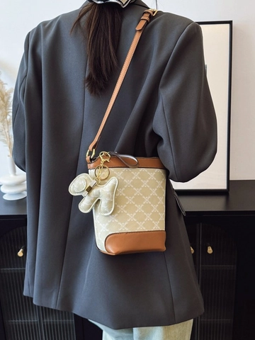 Vintage Monogram Print Bucket Bag For Women Fashionable PU Leather Small Crossbody Bag With Charm Adjustable Strap Purse