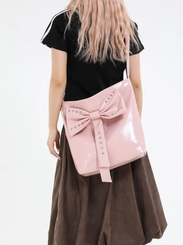 Women Fashion Shiny PU Leather Tote Bag Large Bow Metal Rivet Decoration Trendy Shoulder Bag Casual Large Capacity Handbag