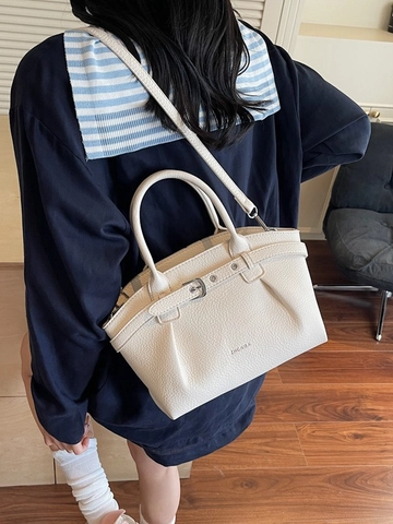 Women High-End PU Leather Handbag Fashion Pleated Shoulder Crossbody Bag Lychee Grain Commuting Large Tote Underarm Bag