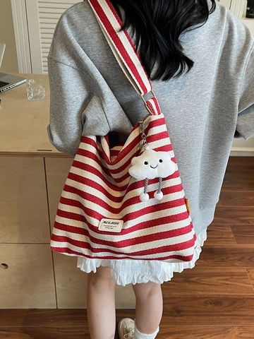 Large Capacity Striped Canvas Tote Bag For Women Casual Shoulder Crossbody Bag For School Daily Use With Cute Cloud Pendant