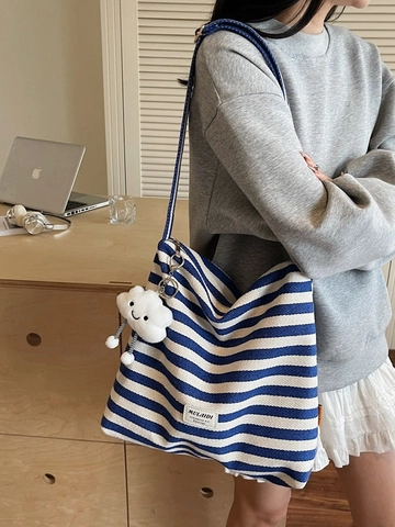 Large Capacity Striped Canvas Tote Bag For Women Casual Shoulder Crossbody Bag For School Daily Use With Cute Cloud Pendant