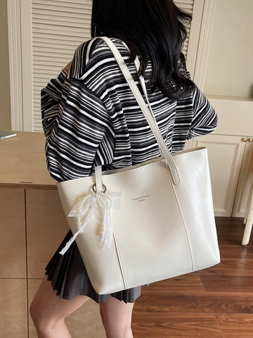 Large Capacity Women Tote Bag PU Leather Vintage Shoulder Bag With Pearl Lace Bow Pendant Daily Commuting Shopping Bag