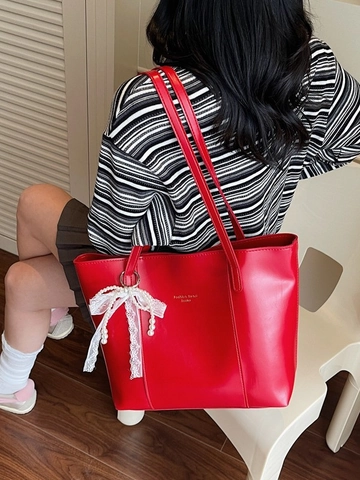 Large Capacity Women Tote Bag PU Leather Vintage Shoulder Bag With Pearl Lace Bow Pendant Daily Commuting Shopping Bag
