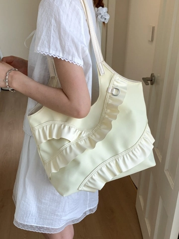 Women Large Capacity PU Leather Ruffle Tote Bag Fashion Soft Shoulder Bag Elegant Bowknot Underarm Bag For Casual Travel