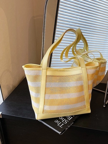 Summer Striped Tote Bag Large Capacity Mesh Shoulder Bag For Women Casual Commuter Beach Handbag Fashion PU Travel Bag