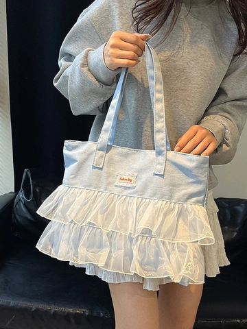 Bolso Tote de Mezclilla de Moda para Mujer Con Volantes de Organza de Doble Capa Gran Capacidad Bolso de Hombro de Patchwork