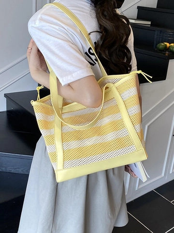 Summer Striped Tote Bag Large Capacity Mesh Shoulder Bag For Women Casual Commuter Beach Handbag Fashion PU Travel Bag