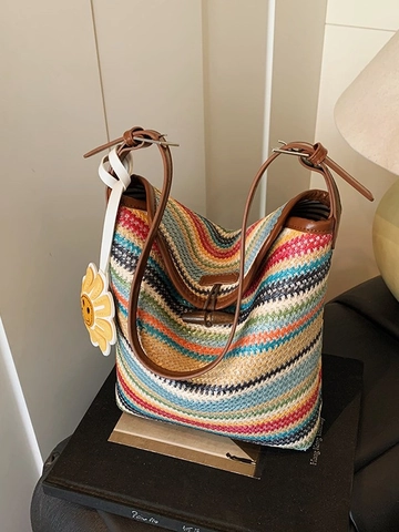 Women Contrast Stripe Woven Bucket Bag Large Capacity PU Leather Trim Shoulder Bag With Sunflower Smiley Charm Vacation Bag