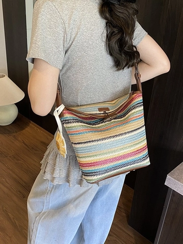 Women Contrast Stripe Woven Bucket Bag Large Capacity PU Leather Trim Shoulder Bag With Sunflower Smiley Charm Vacation Bag