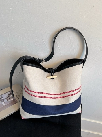 Women's Large Capacity Striped Canvas Tote Bag With Toggle Closure Retro French Nautical Shoulder Crossbody Bag