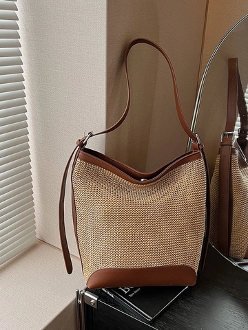 Γυναικεία Τσάντα Bucket από Άχυρο και Δέρμα PU Patchwork Υφαντή Μεγάλη Χωρητικότητα Τσάντα Ώμου Μόδα Παραλία Διακοπές