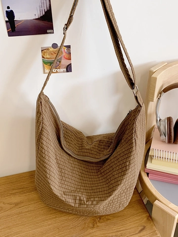 Women Large Capacity Nylon Plaid Crossbody Bag Casual Retro Hobo Shoulder Bag Folding Dumpling Bag Storage Daily Travel Bag