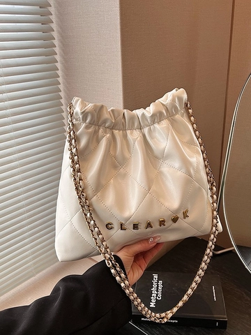 Women Quilted Bucket Bag Large Capacity Diamond Lattice Chain Shoulder Bag Fashionable Drawstring PU Leather Tote Handbag