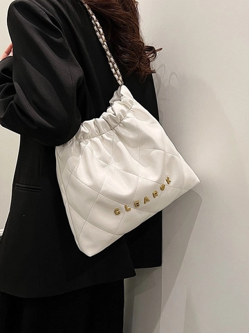 Women Quilted Bucket Bag Large Capacity Diamond Lattice Chain Shoulder Bag Fashionable Drawstring PU Leather Tote Handbag