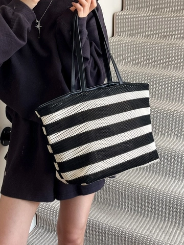 Minimalist Black And White Striped Woven Tote Bag For Women Large Capacity Shoulder Bag Casual Commuting Shopping Bag