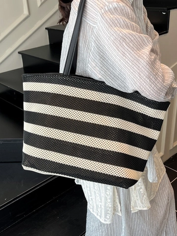 Minimalist Black And White Striped Woven Tote Bag For Women Large Capacity Shoulder Bag Casual Commuting Shopping Bag