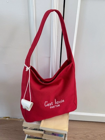 Borsa Tote in Tela da Donna di Grande Capacità Borsa a Spalla Minimalista Casual Con Ricamo di Lettere e Ciondolo a Custodia