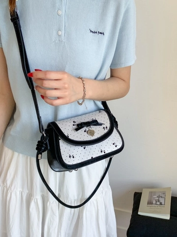 Vintage Polka Dot Schleife PU Leder Schultertasche Für Damen Herzanhänger Achseltasche Süße Retro Pendler Handtasche