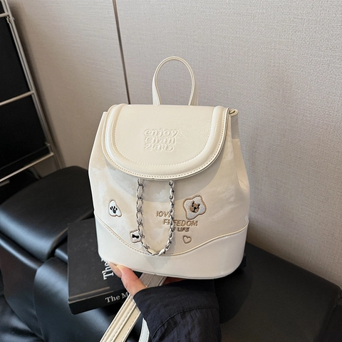 Mode Damen Mini Rucksack Casual Vielseitig Denim Patchwork Tasche Mit Kette Stickerei Schriftzug Kleiner Reise Schulrucksack