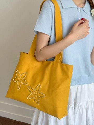 Borsa Tote in Tela Grande Capacità da Donna Con Borchie in Metallo a Doppia Stella Moda Casual Borsa a Spalla Pendolare