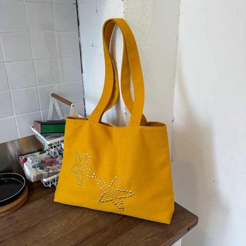 Sac Cabas En Toile Pour Femmes Minimaliste Rivets Étoile Grande Capacité Sac À Main Bandoulière Pour Le Quotidien Style Ins