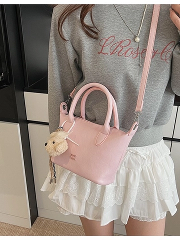 Women Fashion PU Leather Bucket Bag Contrast Color Shoulder Crossbody Bag With Plush Charm Sweet Casual Handbag For Daily