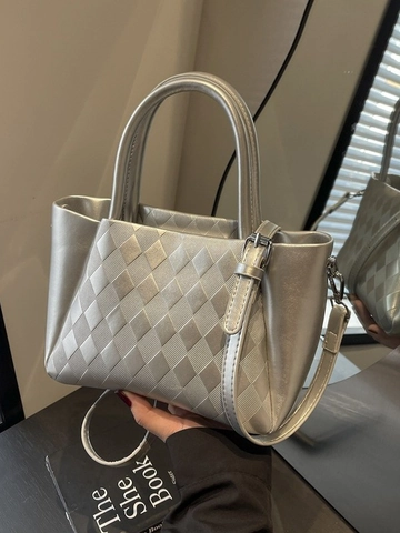 Borsa a Secchiello Trapuntata a Rombi da Donna in Pelle PU Metallizzata Versatile Borsa a Mano a Tracolla Per Pendolarismo