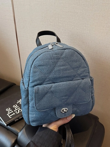 Dames Gewatteerde Denim Ketting Rugzak Mode Casual Mini Schooltas Blauw Ruitpatroon Stiksel Crossbody Rugzak