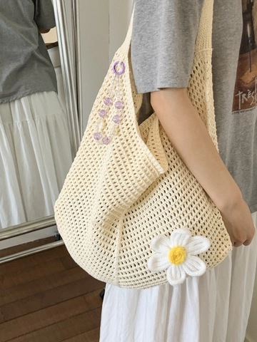 Women Handcrafted Knitted Crochet Tote Bag Hollow Out Shoulder Bag Daisy Flower Charm Casual Beach Mori Style Hobo Bag