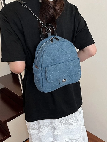 Dames Gewatteerde Denim Ketting Rugzak Mode Casual Mini Schooltas Blauw Ruitpatroon Stiksel Crossbody Rugzak
