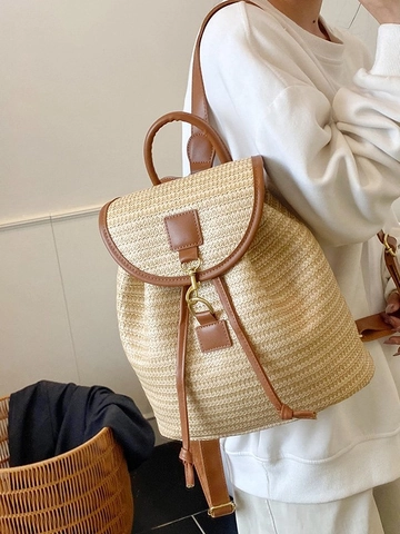 Women Casual Woven Straw Backpack PU Leather Trim Large Capacity Summer Beach Vacation Travel Shoulder Bag School Daypack