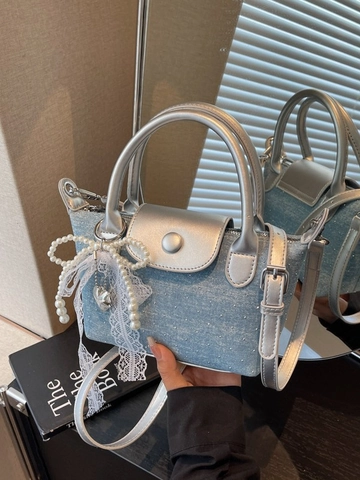 Vintage Denim Rhinestone Crossbody Bag For Women Fashion High-End Small Square Bag With Pearl Lace Bow Charm Shoulder Bag