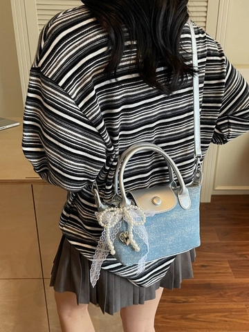 Vintage Denim Rhinestone Crossbody Bag For Women Fashion High-End Small Square Bag With Pearl Lace Bow Charm Shoulder Bag