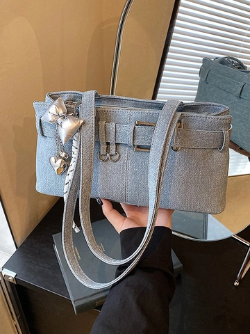Damen Stilvolle PU Leder Unterarmtasche Denim Textur Große Kapazität Umhängetasche Mit Schleife Herz Anhänger Pendler Handtasche