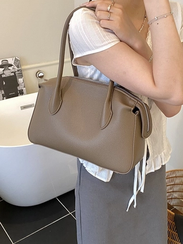 Women Fashion Litchi Pattern PU Leather Large Capacity Tote Bag Minimalist Commuter Shoulder Handbag Double Handle Zipper Bag