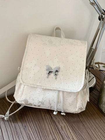 Sac à Dos en Cuir PU avec Broderie Papillon pour Femmes Style Preppy Cartable avec Boucle en Métal Cordon Sac de Voyage
