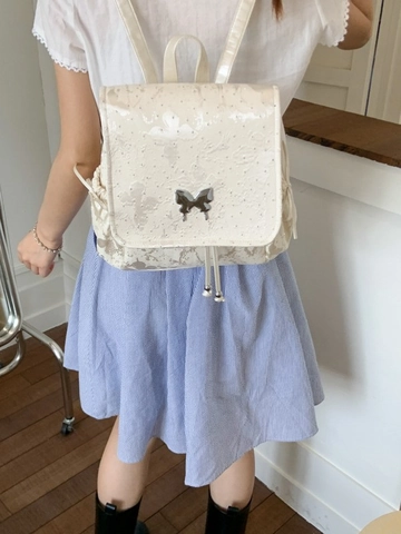 Sac à Dos en Cuir PU avec Broderie Papillon pour Femmes Style Preppy Cartable avec Boucle en Métal Cordon Sac de Voyage