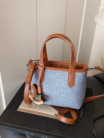 Bolso de Cubo de PU Patchwork Retro para Mujer Moda Bloque de Color Bolso de Mano Casual de Hombro con Colgante de Caballito