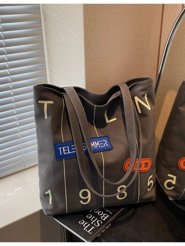 Borsa Tote da Donna in Tela Capiente Con Stampa di Lettere e Patchwork Borsa a Spalla Vintage per Uso Quotidiano e Shopping