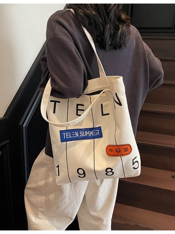 Borsa Tote da Donna in Tela Capiente Con Stampa di Lettere e Patchwork Borsa a Spalla Vintage per Uso Quotidiano e Shopping