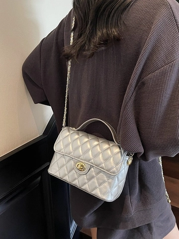Women Luxury PU Quilted Crossbody Bag With Golden Chain Strap Handle Small Square Lingge Pattern Lock Daily Shoulder Bag
