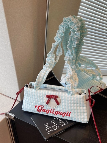 Sweet Women Plaid Fabric Shoulder Bag With Ruffle Strap Red Bow Heart Patch Embroidery Niche Fashion Underarm Pillow Handbag