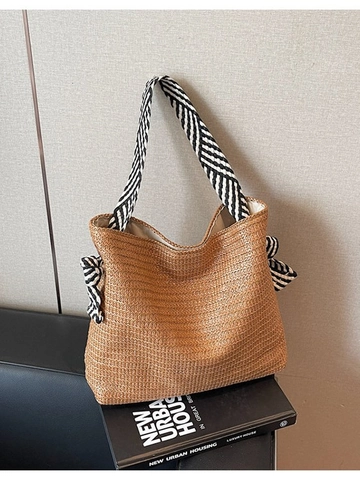 Bohemian Large Straw Woven Tote Bag For Women With Striped Straps Bow Detail Casual Beach Vacation Shoulder Bag Handbag