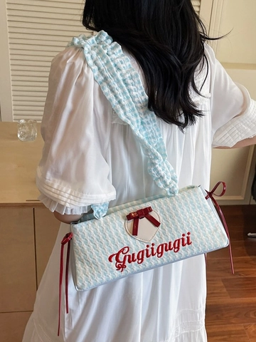 Sweet Women Plaid Fabric Shoulder Bag With Ruffle Strap Red Bow Heart Patch Embroidery Niche Fashion Underarm Pillow Handbag
